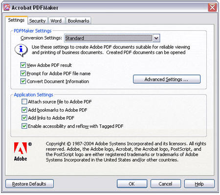 Acrobat PDF Maker dialog.