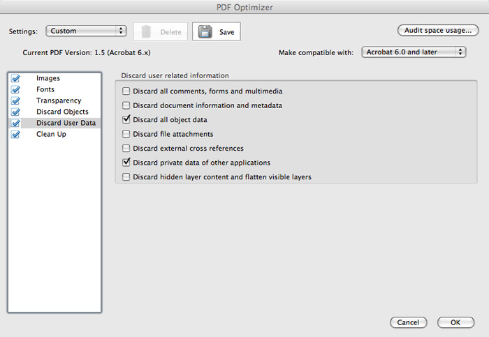 PDF optimizer, discard user data panel screenshot