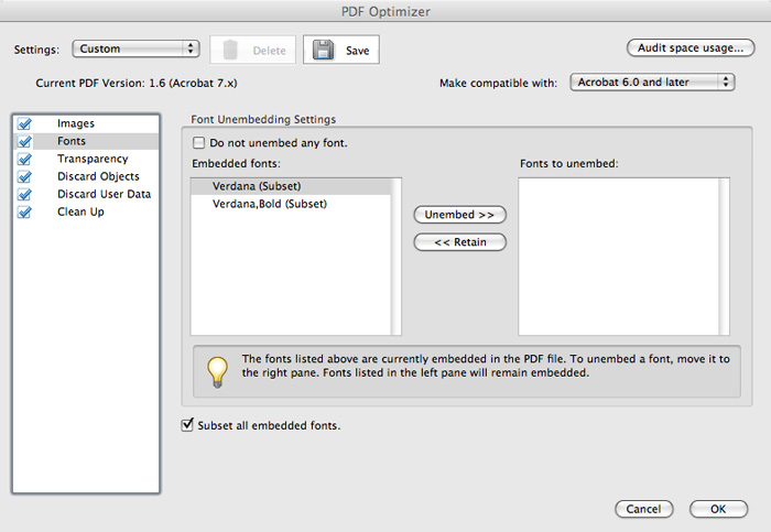 PDF optimizer, fonts panel screenshot