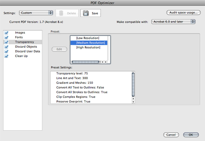 PDF optimizer, transparency panel screenshot