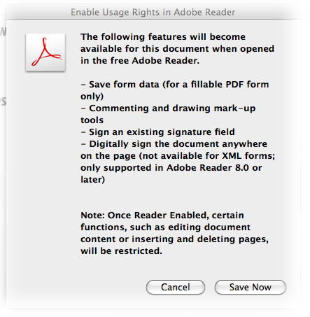 Screen shot of Enable Usage Rights in Adobe Reader dialog.