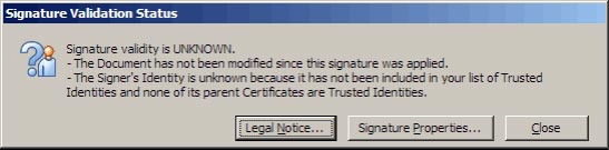 Information about signature that is displayed in Acrobat (Signature validity is UNKNOWN).