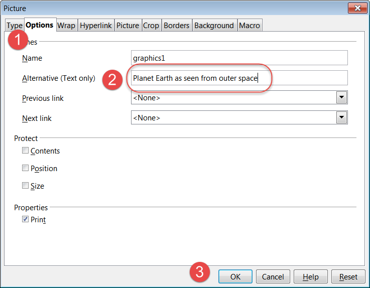 Adding Alt Text to an image using the OpenOffice Writer Picture Dialog